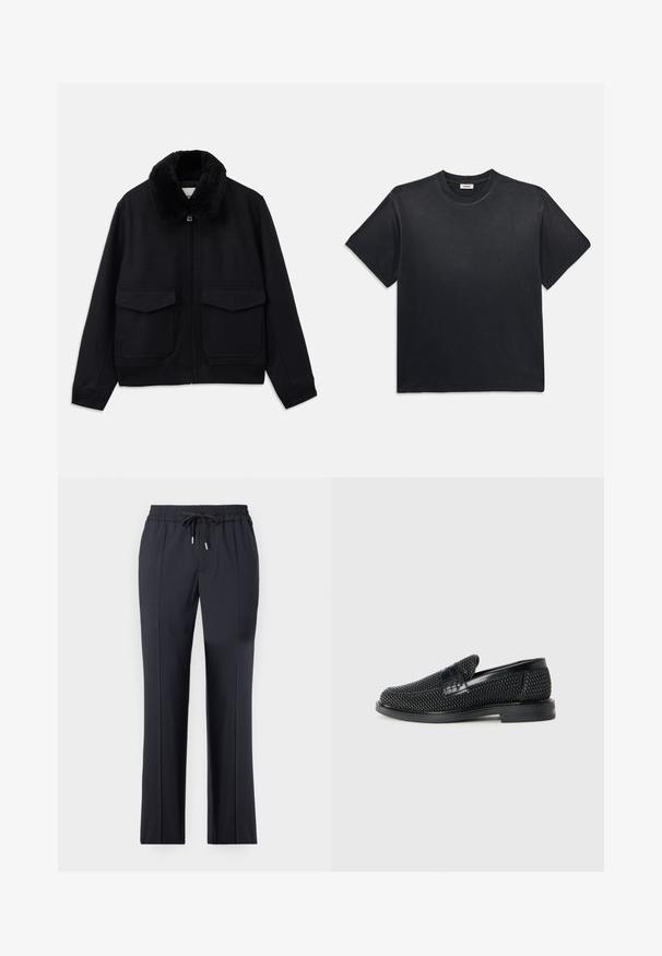 Schwarze Bomberjacke mit einem weichen Kunstfellkragen, Frontreißverschluss und zwei großen aufgesetzten Taschen. Rippbündchen am Saum und an den Ärmeln runden das Design ab.; Schwarzes Baumwoll-T-Shirt mit rundem Ausschnitt und kurzen Ärmeln. Verfügt über eine lockere Passform, eine glatte Textur und ein minimalistisches Design.; Schwarze, dehnbare Hosen mit elastischem Bund und Kordelzug. Gerader Schnitt mit Seitentaschen und glatter, weicher Textur.; Schwarzer geflochtener Slipper mit einem glatten Lederakzent im Obermaterial, einem runden Zehendesign und einer flachen Gummisohle.