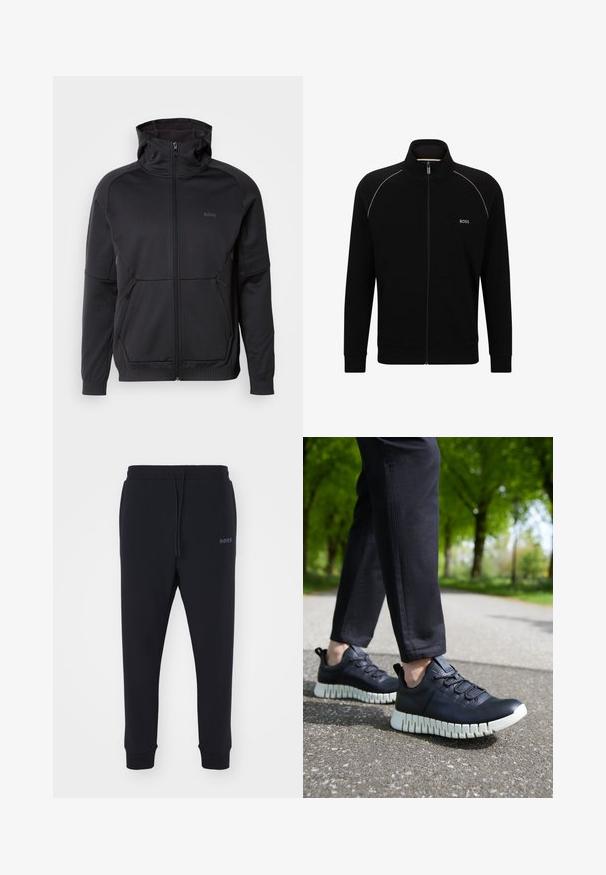 Schwarze Zip-up Sweatjacke mit hohem Kragen, aus strukturiertem Stoff, mit zwei frontalen Taschen und dezentem Logodetail.; Schwarze Zip-Jacke aus weichem Material, mit Stehkragen, silbernen Akzenten an den Schultern und Vorderaschen. Logo auf der Brust.; Schwarze Sweatpants aus weichem Material mit elastischem Bund, Kordelzug und schmal zulaufenden Beinen. Verfügt über ein kleines Logo an der Seite.; Schwarze Ledersneaker mit strukturierter Oberfläche, ausgestattet mit einer klobigen weißen Sohle und elastischen Schnürsenkeln, vor einem grauen Weg und grünen Bäumen.