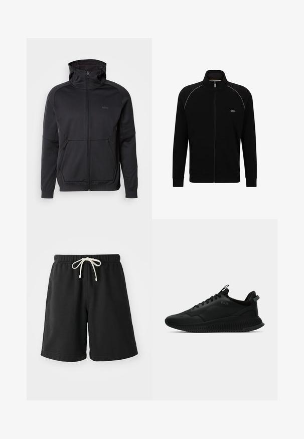 Svart zip-up hettegenser med høy krage, laget av teksturert stoff, med to frontlommer og subtil logo-detalle.; Svart jakke med glidelås laget av myk stoff, med en stående krage, sølv detaljer langs skuldrene og frontlommer. Logo vist på brystet.; Svarte svettebukser laget av et mykt materiale, med elastisk liv med en kremfarget snor og sidelommer.; Svarte treningsko med en glatt, teksturert overflate, som har snøring, polstret krage og en riller gummisåle for godt grep.