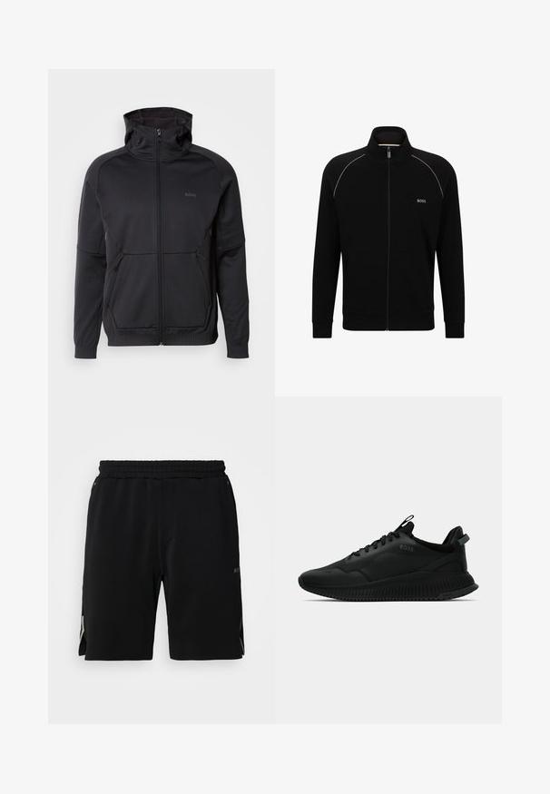 Črna zip-up mikica z visokim ovratnikom, izdelana iz teksturirane tkanine, z dvema sprednjima žepoma in diskretno logotipno podrobnostjo.; Črna jakna na zadrgo iz mehke tkanine, z visokim ovratnikom, srebrnimi poudarki na ramenskem delu in sprednjimi žepi. Logotip prikazan na prsih.; Črne športne kratke hlače z elastiko v pasu, opremljene s stranskimi razporki in subtilnim logotipom v kontrastni barvi na spodnjih straneh.; Črne atletske čevlje z gladkim strukturnim zgornjim delom, z vezalkami, oblazinjenim ovratnikom in rebrastim gumijastim podplatom za oprijem.