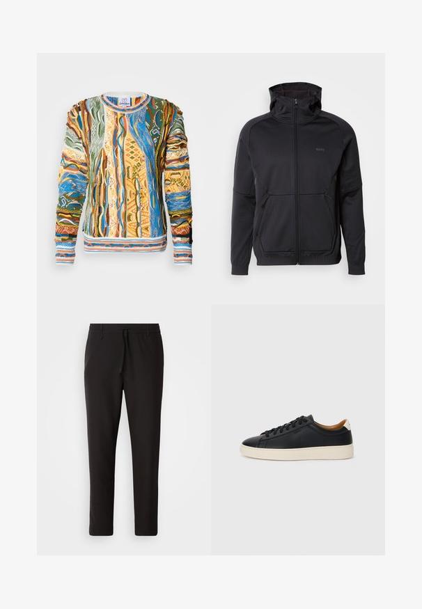 Sweatshirt zippé noir avec col montant, fabriqué en tissu texturé, doté de deux poches avant et d'un détail logo subtil.; Pull en laine multicolore avec des motifs complexes en vert, bleu, orange et jaune. Présente des rayures texturées et des poignets et un ourlet côtelés.; Pantalons de jogging noirs en tissu lisse. Dotés d'une taille élastique avec cordon de serrage, jambes fuselées, et sans poches visibles. Design simple.; Baskets en cuir noir avec une texture lisse, semelle en caoutchouc beige, design à lacets et accent de talon contrasté.