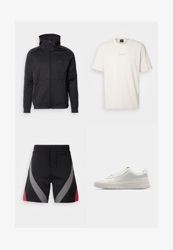 Svart zip-up sweatshirt med hög krage, tillverkad av strukturerad tyg, med två framfickor och diskret logotypdetalj.; BOSS TEE - T-shirt - bas - open white; HUGO DISHORT - Träningsbyxor - black; Vita sneakers med en slät läderöverkant, rund tå, snörning och en tjock gummisula. Subtil logotyp på sidan.