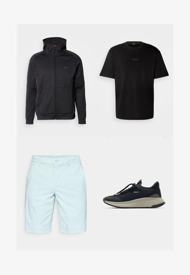 Černá zipová mikina s vysokým límcem, vyrobená z texturované tkaniny, s dvěma předními kapsami a decentním logem.; Černé bavlněné tričko s kulatým výstřihem, krátkými rukávy a decentním embosovaným logem "BOSS" ve střední části. Jednoduchý, minimalistický design.; Světlé modré šortky z měkké látky, s knoflíkovým zapínáním, poutky na pásek a přímým střihem. Na přední straně nejsou vidět žádné kapsy.; Černá sportovní bota s texturovaným síťovaným svrškem, tónovými šňůrkami a kontrastní šedou gumovou podrážkou. Obsahuje nenápadné značkování a elegantní design.