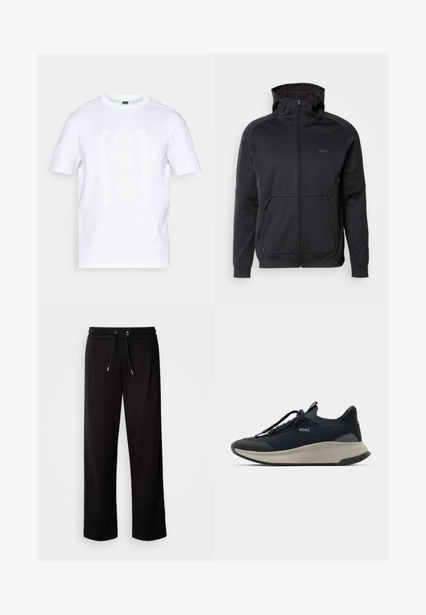 Mustmustriid pruun kapuutsiga jakiga, millel on kõrge kaelus, tekstuurse kangaga, kahe esisee tasku ja diskreetne logodetail.; Valge puuvillane t-särk, millel on pehme beežiline tonalne "BOSS" logo, ümar kaelus, lühikesed varrukad ja vaba lõige. Ilma silmapaistvate mustrite või aksessuaarideta.; Musthave musta vabalt langev spordipüksid pehmest kangast, millel on elastne vöökoht ja pael ning küljetaskud.; Musthave mustreeninguga sportlikud jalanõud tekstuuriga võrgukattega, ühes toonis paelad ja kontrastse halli kummitald. Omab subtilset brändimist ja voolujoonelist disaini.