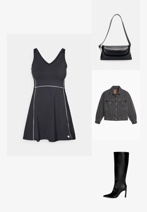 Černá džínová bunda s klasickým límcem, dvěma kapsami na prsou, stříbrnými knoflíky a mírně vybledlou texturou.; Černé sportovní šaty s výstřihem ve tvaru V, bílým kontrastním šitím, přiléhavým korzetem, rozšířenou sukní a detailem loga na lemu.; Černý kožený vysoký nerozšířený bot s špičatou špičkou, vysokým stiletto podpatkem, hladkým povrchem a jednoduchým, elegantním designem bez zdobení.; Černá kožená kabelka se strukturovaným tvarem, hladkým povrchem a jedním ramenním popruhem. Obsahuje jemně zaoblený design klopy.