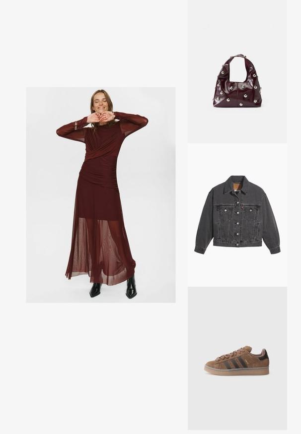 Melnas džinsa jaka ar klasisku apkakli, divām krūšu kabatām, sudraba pogu aizdari un nedaudz izbalējušu faktūru.; Garšs bordo kleita, izgatavota no caurspīdīga un gluda auduma, ar ietītu krūšu daļu, ručotu apdari un caurspīdīgām garām piedurknēm.; Brūnas zamšādas sporta kurpes ar trim tumšām svītrām, teksturētu mežģīņu priekšpusi un kontrastējošu melnu papēdi. Aprīkotas ar gumijas zoli un zelta logotipu.; Bordo ādas rokassoma ar noapaļu formu, kuras virsmu rotā metāliski sudraba kniedes, kas ir vienmērīgi izvietotas, un īsa, plata siksna.