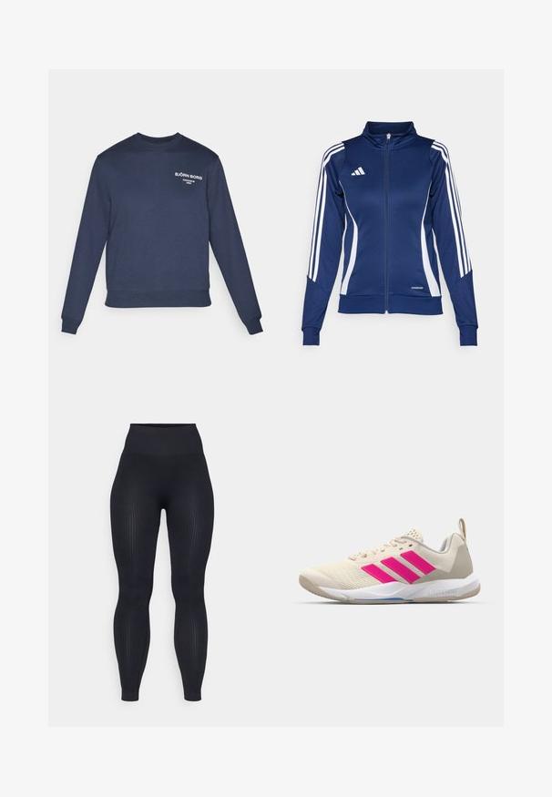 Giacca a track navy con strisce bianche, chiusura con zip, colletto alto e dettaglio "AEROREADY" all'orlo; realizzata in un tessuto liscio ed elasticizzato.; Felpa blu navy con maniche lunghe, polsini e orlo a costine. Presenta testo del logo bianco sul petto; il tessuto appare liscio e simile al cotone.; Leggings neri a coste con vita alta, realizzati in materiale elastico. Presentano una texture liscia con motivi verticali su tutta la superficie.; Scarpa sportiva beige con logo a tre strisce rosa, tomaia in rete testurizzata, collo imbottito e suola in gomma bianca, con il marchio "LIGHTSTRIKE".