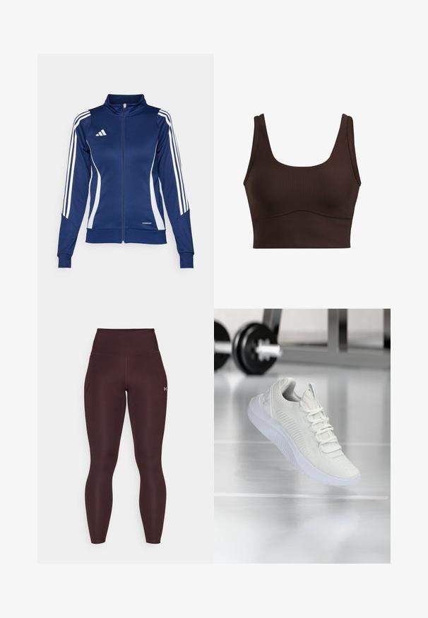 Giacca a track navy con strisce bianche, chiusura con zip, colletto alto e dettaglio "AEROREADY" all'orlo; realizzata in un tessuto liscio ed elasticizzato.; Top corto marrone a coste con spalline larghe, scollatura quadrata e cuciture senza soluzione di continuità lungo il bordo della vita, caratterizzato da una texture liscia.; Leggings fitness bordeaux con vita alta, texture liscia e tasca laterale. Presentano un logo minimalista e dettagli cuciti.; Sneaker atletico bianco con tomaia in rete testurizzata e sistema di allacciatura, caratterizzato da una suola bianca ammortizzata e sottili accenti rigati.