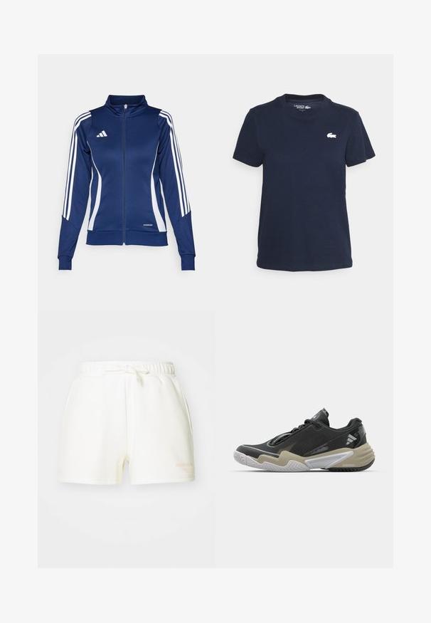 Jūras spēku treniņjakas ar baltām svītrām, ar rāvējslēdzēju priekšpusē, augstu apkakli un "AEROREADY" detalizāciju apakšmalā; izgatavota no gludas, elastīgas auduma.; Tumši zila kokvilnas t-kreklā ar apaļu kakla izgriezumu un īsām piedurknēm. Uz kreisā krūts ir neliels balts Lacoste logotips. Mīksta tekstūra.; Baltas kokvilnas šorts ar elastīgu jostu un sasietu akcentu. Iezīmē sānu kabatas un mazu apdrukātu logo gaiši oranžā krāsā.; Melnas un bēšas sporta kurpes ar teksturētu augšu, izteiksmīgu zoles dizainu, atstarojošiem akcentiem un auklu sistēmu. Vieglas konstrukcijas.