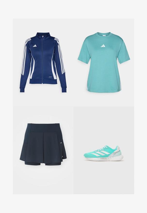 Jachetă de sport navy cu dungi albe, fermoar frontal, guler înalt și detaliu "AEROREADY" la baza; realizată dintr-un material neted și elastic.; Tricou din bumbac turcoaz cu mâneci scurte, decolteu rotund și logo alb Adidas pe piept. Accentele laterale prezintă dungi albe.; Fustă sport navy, cu design plisat, textură țesută, șorturi integrate și un mic buzunar lateral pentru comoditate.; Pantofi sport turcoaz cu un superior din plasă, trei dungi albe pe lateral și o talpă amortizată. Au un design texturat și vârful întărit.