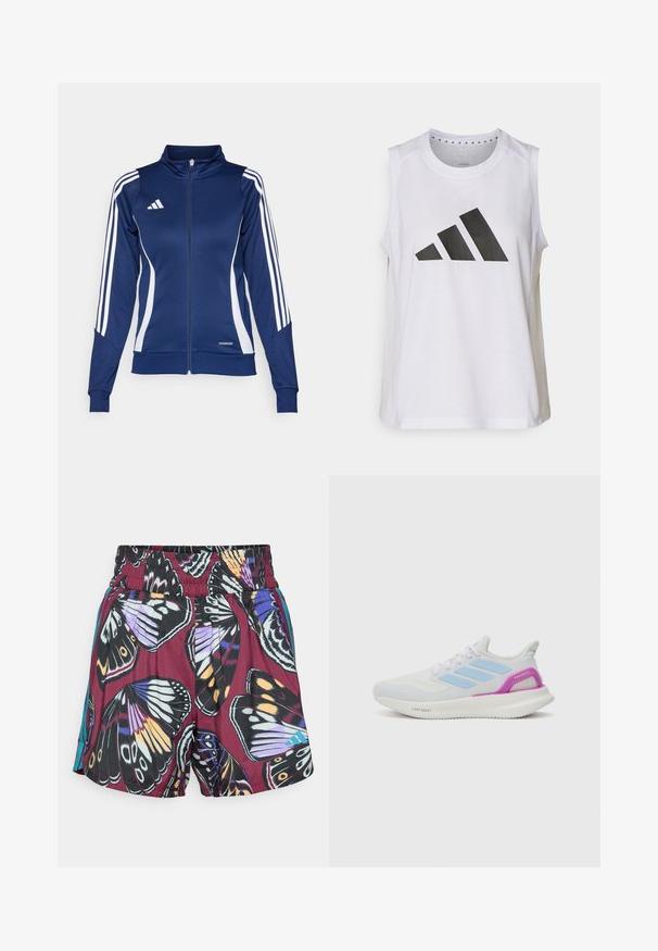 Jachetă de sport navy cu dungi albe, fermoar frontal, guler înalt și detaliu "AEROREADY" la baza; realizată dintr-un material neted și elastic.; Top athletic alb fără mâneci, cu decolteu rotund, având un mare logo Adidas negru, format din trei benzi, pe față.; Shorts cu un imprimeu vibrant cu fluturi în nuanțe de violet, negru și portocaliu. Talie elastică cu accente laterale subtile în turcoaz.; adidas Performance PUREBOOST 5 - Pantofi de alergare pe asfalt - white/glow blue/purple burst
