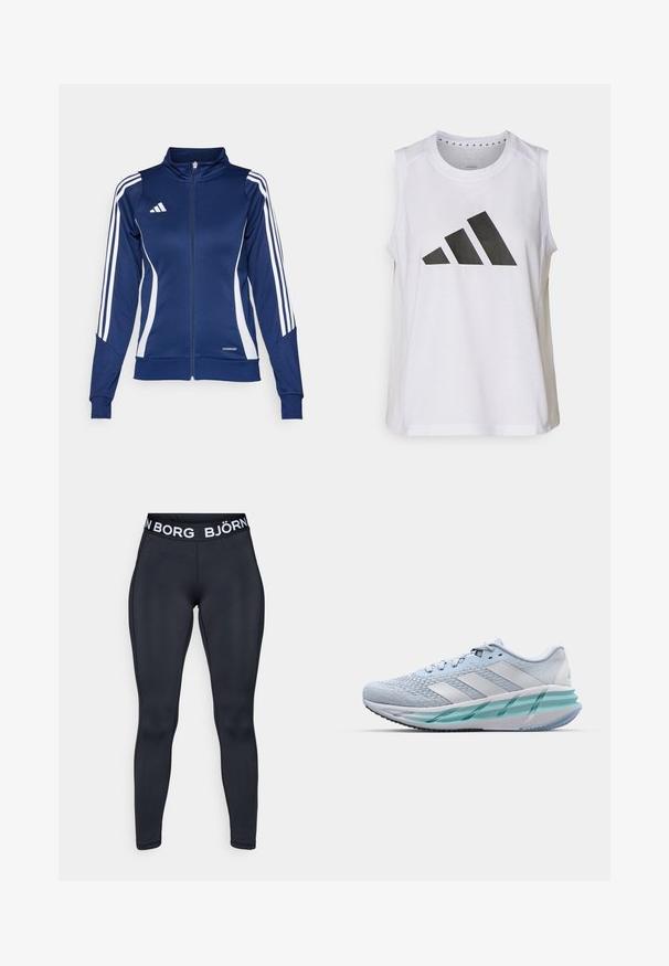 Námořnická tracková bunda s bílými pruhy, s zipem vpředu, vysokým límcem a detailem "AEROREADY" na spodním lemu; vyrobena z hladkého, elastického materiálu.; Bílý sportovní top bez rukávů s kulatým výstřihem, na přední straně s velkým černým logem Adidas složeným ze tří pruhů.; Černé sportovní legíny s přiléhavým střihem, které mají bílý elastický pás s logem a jemné tonální stehy.; Světlomodré sportovní boty s texturovaným pleteným svrškem, bílými akcenty a průhledným zeleným mezipodešví. Oválná špička a polstrovaný límec.