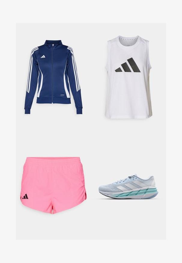 Marineblauwe trackjack met witte strepen, rits aan de voorkant, hoge kraag en "AEROREADY" detail aan de zoom; gemaakt van een gladde, rekbare stof.; Witte sporttop zonder mouwen met ronde halslijn, voorzien van een groot zwart Adidas-logo bestaande uit drie strepen op de voorkant.; Lichtroze sportshorts met een zwart Adidas-logo aan de linkerkant, voorzien van een elastische tailleband en zijsplitten voor extra flexibiliteit.; Lichtblauwe sportschoenen met een gestructureerde breitbovenkant, witte accenten en een doorzichtige groene tussenzool. Ronde neus en gevoerde kraag.