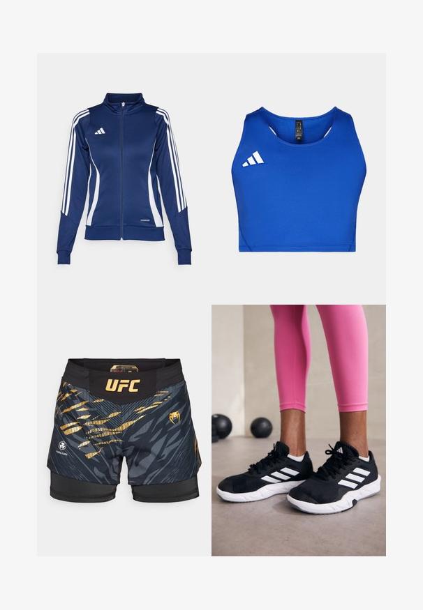 Jūrinės mėlynos spalvos sportinis džemperis su baltomis juostelėmis, užtraukiamas priekyje, su aukšta apykakle ir "AEROREADY" detale apačioje; pagamintas iš lygios, tamprios medžiagos.; Mėlynas sportinis trumpas viršus, pagamintas iš lygaus, elastingo audinio. Turi apvalų iškirpimą ir baltą trijų juostelių logotipą kairėje pusėje.; Juodi mišrūs kovų šortai su dinamišku auksiniu grafikos dizainu, UFC logotipu ir tvirtinamu elastingu juosmeniu. Tekstūruoti audinio akcentai.; Juodi sportiniai bateliai su baltais dryžiais, tekstūruota tinklinė viršutinė dalis ir balti padai. Dėvimi su rožiniais leggingais, demonstruojant treniruočių aprangą.
