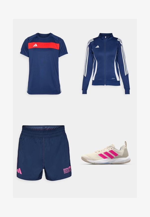 Tengerész navy zp-nyitású dzseki fehér csíkokkal, magas gallérral és "AEROREADY" részlettel az alján; sima, rugalmas anyagból készült.; Sötétkék sportpóló, amelyen vízszintes piros csík fut végig a mellkason, és három fehér csík található az ujjakon. Anyaga sima és könnyű.; adidas Performance BER25 OTR SHORTS - Sport rövidnadrágok - collegiate navy; Beige sportcipő rózsaszín háromsávos logóval, texturált hálós felső résszel, párnázott nyakkal és fehér gumitalppal, "LIGHTSTRIKE" márkajelzéssel.
