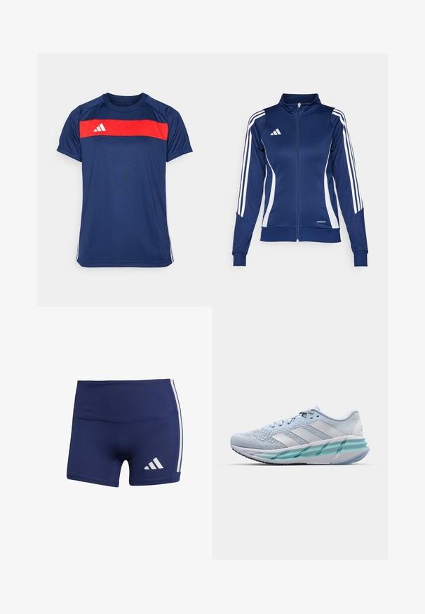 Navy Trackjacke mit weißen Streifen, Reißverschluss vorne, hohem Kragen und "AEROREADY"-Detail am Saum; aus einem glatten, dehnbaren Stoff hergestellt.; Dunkelblaues Sport-T-Shirt mit einem horizontalen roten Streifen über der Brust und drei weißen Streifen an den Ärmeln. Das Material ist glatt und leicht.; Marineblaue Sportshorts mit enganliegendem Schnitt, aus glattem Stoff, mit weißen seitlichen Streifen und einem Logo auf der unteren linken Seite.; Helle blaue Sportschuhe mit einem strukturierten Strickobermaterial, weißen Akzenten und einer transparenten grünen Zwischensohle. Abgerundete Zehenpartie und gepolsterter Schaft.