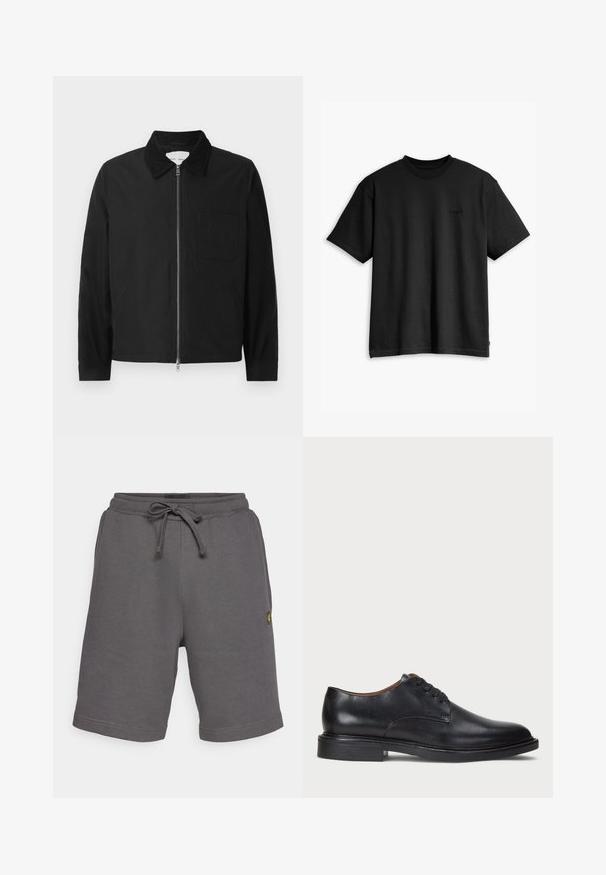 Melna garo piedurkņu zippoga jakas ar apkakli, viena krūšu kabata un divas sānu kabatas, demonstrēta uz balta fona.; Melnas kokvilnas T-krekls ar apaļu apkakli un īsām piedurknēm. Iekļauj diskretu priekšējo logotipu un taisnu apakšmali. Vienkāršs un minimālistisks dizains.; Pelēki kokvilnas šorti ar sašūtu jostu, ar faktūru un mazu dzeltenu logotipu kreisajā pusē. Klasisks griezums.; Melnas ādas kleitu kurpes ar apaļu purngalu, auklu dizainu un zemu sakrautu papēdi. Gluda virsma ar minimālām šuvju detaļām.