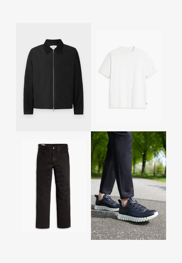Sort langærmet zip-jakke med krave, en brystlomme og to sidelommer, præsenteret på en hvid baggrund.; Hvid bomulds T-shirt med korte ærmer, rund hals og en diskret Levi's logo trykt i midten. Blød tekstur og standard pasform.; Sorte lige bukser i denim med fem lommer, knaplukning og bæltestropper, lagt fladt ud på en hvid baggrund.; Sorte lædersneakers med en struktureret overflade, der har en kraftig hvid sål og elastiske snørebånd, placeret på en grå sti med grønne træer.