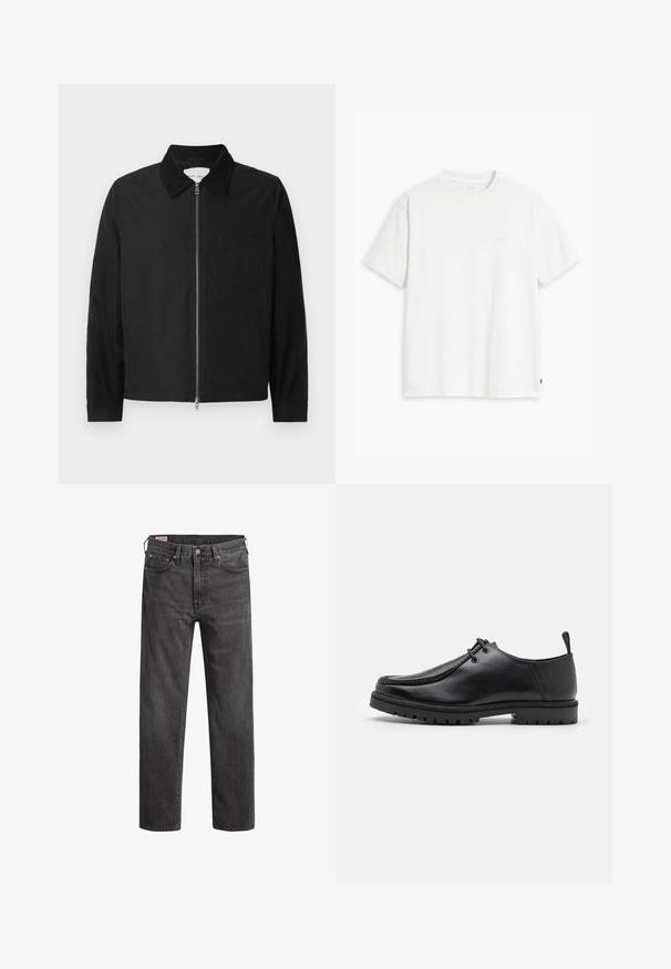 Melna garo piedurkņu zippoga jakas ar apkakli, viena krūšu kabata un divas sānu kabatas, demonstrēta uz balta fona.; Balts kokvilnas T-krekls ar īsām piedurknēm un apaļu kakla izgriezumu, priekšpusē redzama smalka gaišas krāsas "Levi's" logo.; Tumši pelēki džinsi ar taisnu kāju griezumu, pieciem kabatām un varš rīvētiem. Klasisks dizains ar nedaudz izbalējušu tekstūru.; Melnas ādas šņorējamās kurpes ar izturīgu zoli un cilpiņu uz papēža, parādītas no sāniem uz baltas fona.