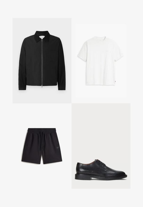 Giacca nera a maniche lunghe con zip e colletto, una tasca sul petto e due tasche laterali, presentata su uno sfondo bianco.; T-shirt bianca in cotone con maniche corte, scollo rotondo e un sottile logo "Levi's" stampato in colore chiaro sul davanti.; Shorts neri in felpa di cotone. Presentano una vita elastica con cordoncino, tasche laterali e un piccolo logo applicato.; Scarpa da uomo in pelle nera con punta rotonda, design con lacci e tacco basso impilato. Texture liscia con dettagli di cucitura minimi.