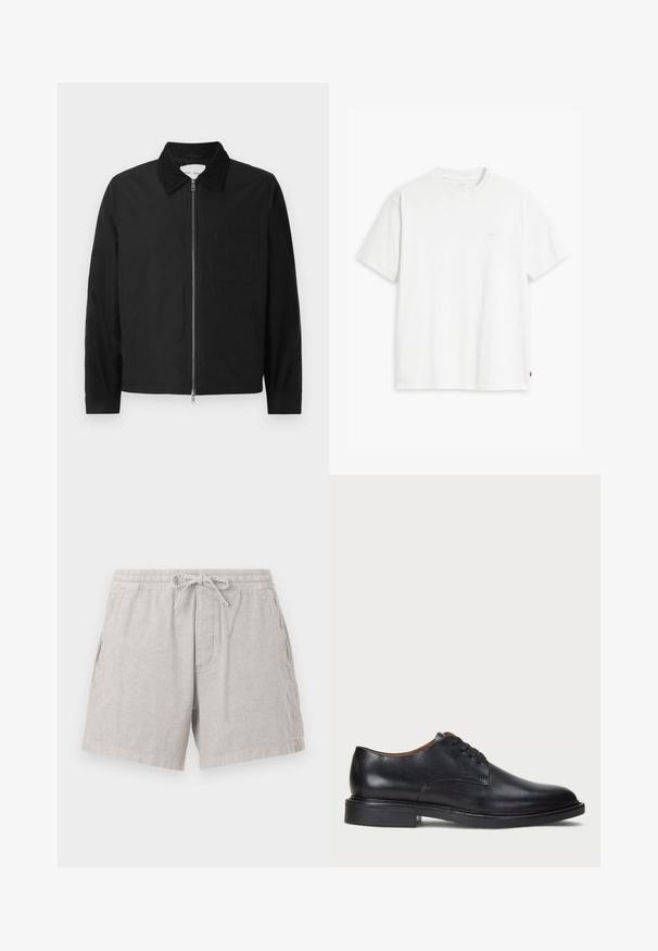 Must musta, pika varrukaga ja lukuga jakk, millel on krae, üks rinna tasku ja kaks küljetaskut, esitatud valgel taustal.; Valge puuvillane t-särk lühikeste varrukatega, ümmargune kaelus ja peene Levi'si logo trükituna keskel. Pehme tekstuur ja standardne istuvus.; Hallid linased lühikesed püksid elastse vöökoha ja nööriga. Omavad küljetaskuid ja lõdva istuvusega, peene tekstuuriga.; Must musta kleitjalats ümarate varvastega, paeltega disain ja madal virnastatud konts. Sile tekstuur minimaalsete õmblustega.