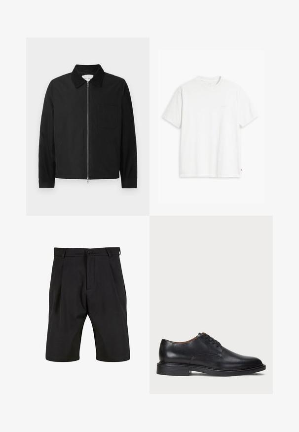 Mustat pitkähihaiset vetoketjulla varustetut takit, joissa on kaulus, yksi rintatasku ja kaksi sivutaskua, esillä valkoista taustaa vasten.; Valkoinen puuvillainen t-paita, jossa on lyhyet hihat, pyöreä pääntie ja etupuolella vaalealla värillä painettu hillitty "Levi's"-logo.; Mustat shortsit, jotka on valmistettu sileästä kankaasta ja joissa on räätälöity muotoilu. Niissä on edessä nappikiinnitys, laskokset ja sivutaskut.; Musta nahkakenkä, jossa on pyöreä varvas, nauhakiinnitys ja matala tukipohja. Tasainen pinta, jossa on minimaalinen ommeltu yksityiskohta.