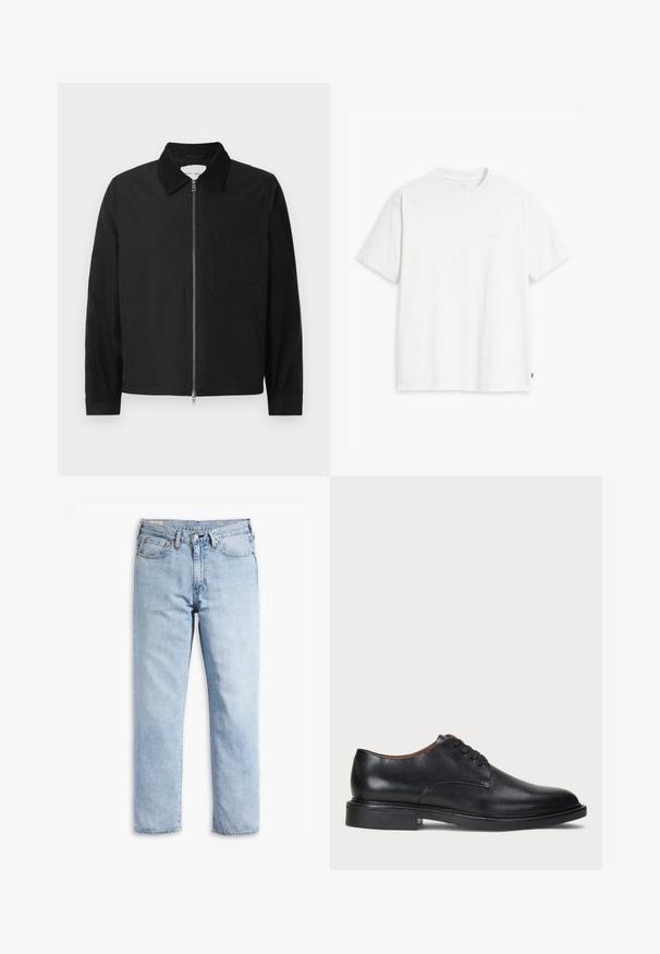 Fekete, hosszú ujjú, zipzáras dzseki gallérral, egy mellzsebbel és két oldalsó zsebbel, fehér háttéren bemutatva.; Fehér pamut póló rövid ujjakkal, kerek nyakkal és diszkrét Levi's logóval a középen. Puha tapintású és szabványos szabású.; Világoskék farmernadrág egyenes lábformával, öt zsebes stílussal és strapabíró varrásokkal. Cipzáras eleje és fémgomb felszereltséggel rendelkezik.; Fekete bőrből készült dresszcipő kerek orral, fűzős kialakítással és alacsony, rétegelt sarkával. Simás felület minimális varrási részletekkel.