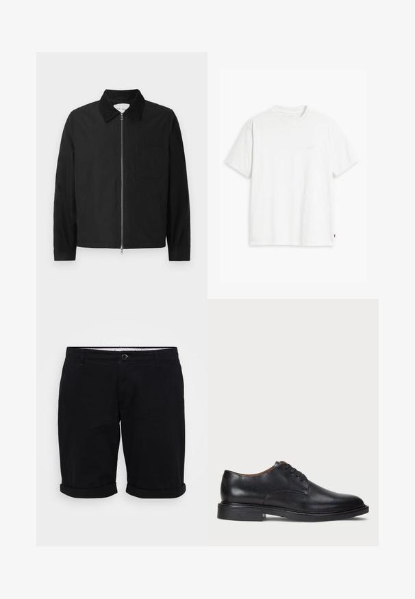 Svart langermet jakke med glidelås og krage, en brystlomme og to sidelommer, vist på en hvit bakgrunn.; Hvit bomull t-skjorte med korte ermer, rund hals og subtilt Levi's-logo trykt i midten. Myk tekstur og standard passform.; Sorte bomullsshortser med rett snitt, oppbrettede ermer og frontknapping. Har lommer og et mønstret indre belte.; Sorte skinnsko med rund tå, snøring og lav, stablet hæl. Glatt tekstur med minimale sømdetaljer.