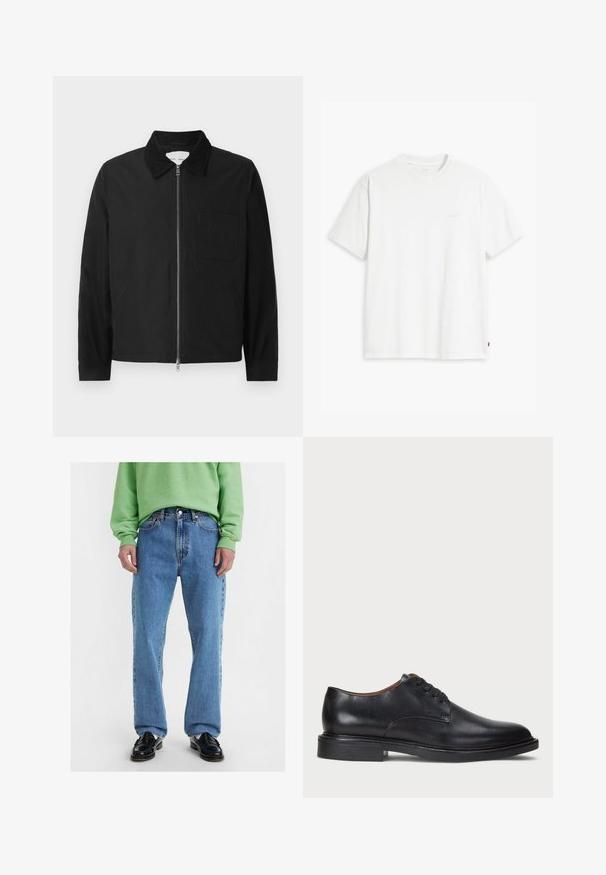 Svart långärmad zip-jacka med krage, en bröstficka och två sidfickor, uppvisad på en vit bakgrund.; Vit bomulls t-shirt med korta ärmar, rundad halsringning och subtil Levi's-logotyp tryckt i mitten. Mjuk textur och standard passform.; Ljust blå raka jeans med en klassisk femfickedesign, som har ett slitstarkt denimtyg och kontrasterande sömmar.; Svart läderklänningsko med rund tå, snörning och låg staplad klack. Slät yta med minimala sömdetaljer.