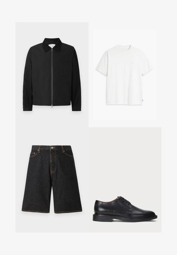 Must musta, pika varrukaga ja lukuga jakk, millel on krae, üks rinna tasku ja kaks küljetaskut, esitatud valgel taustal.; Valge puuvillane t-särk lühikeste varrukatega, ümmargune kaelus ja peene Levi'si logo trükituna keskel. Pehme tekstuur ja standardne istuvus.; Mustad teksapüksid otse lõikega, millel on oranž õmblus, viis taskut ja metallist nööp vöökohtadel.; Must musta kleitjalats ümarate varvastega, paeltega disain ja madal virnastatud konts. Sile tekstuur minimaalsete õmblustega.