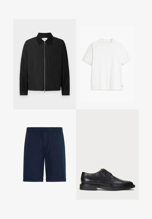 Melna garo piedurkņu zippoga jakas ar apkakli, viena krūšu kabata un divas sānu kabatas, demonstrēta uz balta fona.; Balta kokvilnas T-krekls ar īsām piedurknēm, apaļu kakla izgriezumu un maigi redzamu Levi's logotipu centrā. Mīksta tekstūra un standarta piegriezums.; Jūras zila šorti, kas izgatavoti no viegla auduma, ar elastīgu jostu un auklu, kā arī salocītiem malām, lai radītu ikdienišķu izskatu.; Melnas ādas kleitu kurpes ar apaļu purngalu, auklu dizainu un zemu sakrautu papēdi. Gluda virsma ar minimālām šuvju detaļām.