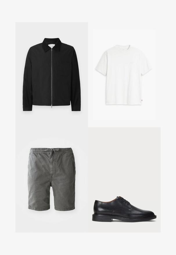 Svart langermet jakke med glidelås og krage, en brystlomme og to sidelommer, vist på en hvit bakgrunn.; Hvit bomulls-T-skjorte med korte ermer, rund hals og en subtil "Levi's"-logo trykt i lys farge på fremsiden.; Grå bomullsshorts med elastisk midje og snøring. Har et glatt, strukturert stoff med sidesømmer og en avslappet passform.; Sorte skinnsko med rund tå, snøring og lav, stablet hæl. Glatt tekstur med minimale sømdetaljer.