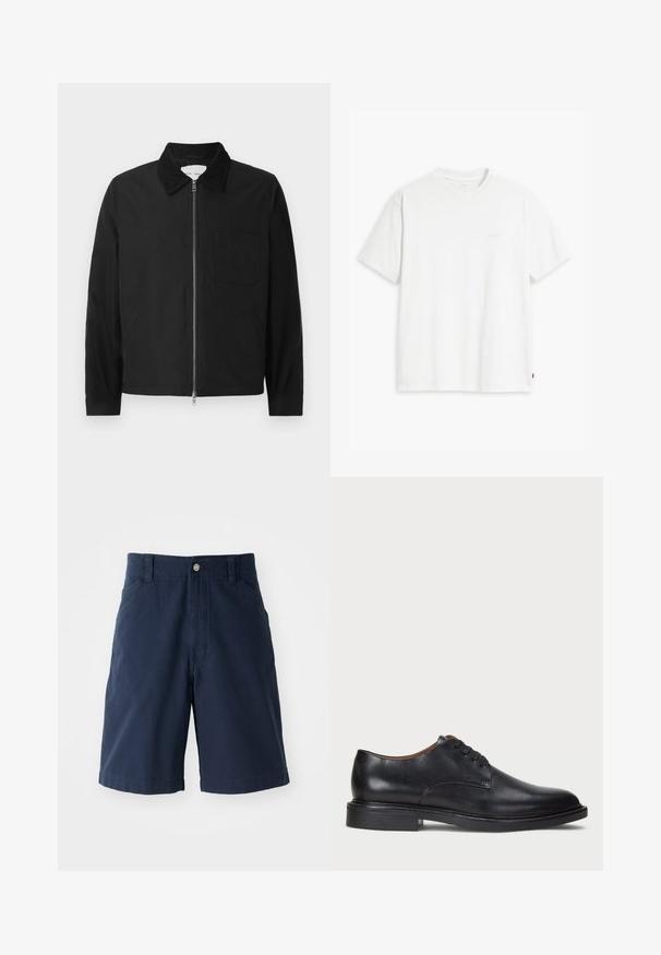 Giacca nera a maniche lunghe con zip e colletto, una tasca sul petto e due tasche laterali, presentata su uno sfondo bianco.; T-shirt bianca in cotone con maniche corte, scollo rotondo e un sottile logo "Levi's" stampato in colore chiaro sul davanti.; Shorts di cotone blu navy con fronte piatto, due tasche laterali e chiusura con un bottone in vita. Design classico a gamba dritta.; Scarpa da uomo in pelle nera con punta rotonda, design con lacci e tacco basso impilato. Texture liscia con dettagli di cucitura minimi.