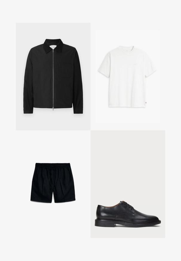 Zwarte lange mouwen ritsjack met kraag, een borstzak en twee zijzakken, weergegeven op een witte achtergrond.; Wit katoenen T-shirt met korte mouwen, ronde hals en een subtiel "Levi's" logo in een lichte kleur op de voorkant gedrukt.; Zwarte linnen shorts met een elastische tailleband, trekkoorddetails en twee zijzakken. Kenmerkt plooiën en opgerolde zoomranden.; Zwart leren dresschoen met een ronde neus, vetersluiting en een lage gestapelde hak. Gladde textuur met minimale stiksels.