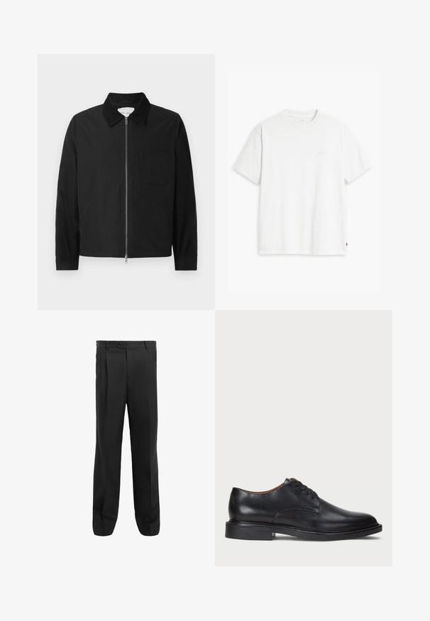 Jachetă neagră cu mâneci lungi, cu fermoar și guler, un buzunar pe piept și două buzunare laterale, prezentată pe un fundal alb.; Tricou alb din bumbac cu mâneci scurte, guler rotund și logo-ul subtil Levi's imprimat în centrul său. Textură moale și croială standard.; Pantaloni negri cu un design cu picioare drepte, prezentând plii, o închidere cu un singur nasture și bucle pentru curea. Realizați dintr-un material neted.; Pantofle din piele neagră cu vârful rotund, design cu șireturi și toc jos stratificat. Textură netedă cu detalii de cusătură minime.