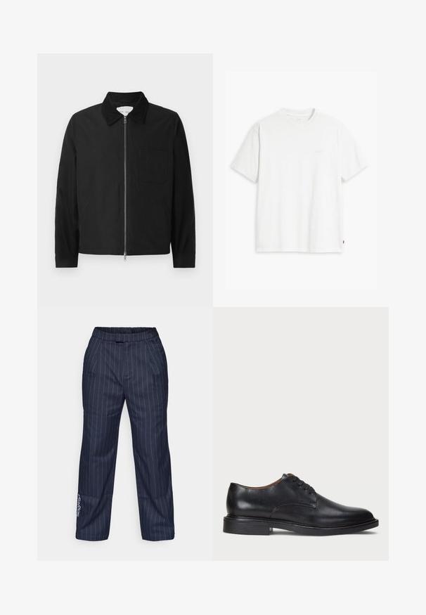 Μαύρο μακρυμάνικο ζακέτα με φερμουάρ και γιακά, με μία τσέπη στο στήθος και δύο πλαϊνές τσέπες, σε λευκό φόντο.; Λευκό βαμβακερό μπλουζάκι με κοντά μανίκια, απλό λαιμόκοψη και διακριτό λογότυπο της Levi's τυπωμένο στο κέντρο. Μαλακή υφή και κανονική εφαρμογή.; Σκούρο μπλε παντελόνι με λεπτές ρίγες, ελαστική μέση, δύο μπροστινές τσέπες και κεντημένο λογότυπο κοντά στο τελείωμα. Ομαλή υφή υφάσματος.; Μαύρο δερμάτινο παπούτσι με στρογγυλή μύτη, σχέδιο με κορδόνια και χαμηλό σωρευμένο τακούνι. Λείος υφάντης με ελάχιστες ραφές.