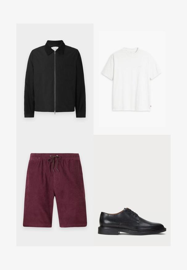 Čierna dlhá mikina na zips s golierom, jednou náprsní kapsou a dvoma bočnými vreckami, vystavená na bielom pozadí.; Biely bavlnený tričko s krátkymi rukávmi, okrúhlym výstrihom a jemným logom Levi's potlačeným v strede. Mäkčená textúra a štandardný strih.; Bordové kordové šortky s elastickým pásom a šnúrkou. Vlastnosti: vertikálna rebrová textura a štandardná dĺžka.; Čierne kožené spoločenské topánky s okrúhlym špičkou, šnurovacím dizajnom a nízkym zloženým podpätkom. Hladký povrch s minimálnymi švovými detailmi.