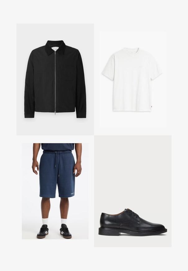 Črna dolga zip-up jakna s ovratnikom, enim žepom na prsih in dvema stranskima žepoma, prikazana na beli podlagi.; Bela bombažna majica s kratkimi rokavi, okroglim ovratnikom in subtilnim logotipom Levi's, natisnjenim na sredini. Mehak material in standardna oblika.; Mornarško modri bombažni šortsi z elastičnim pasom, vrvico, stranskimi žepi in logotipom "GUESS" na sprednjem robu.; Črne usnjene oblečne čevlje s krožno konico, zavezovanje z vezalkami in nizko plastiko. Gladka tekstura z minimalnimi šivi.