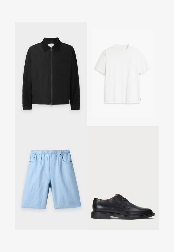 Fekete, hosszú ujjú, zipzáras dzseki gallérral, egy mellzsebbel és két oldalsó zsebbel, fehér háttéren bemutatva.; Fehér pamut póló rövid ujjakkal, kerek nyakkal és diszkrét Levi's logóval a középen. Puha tapintású és szabványos szabású.; Világoskék rövidnadrág rugalmas derékpánttal, két elülső zsebbel és sima textúrával. Puha anyagból készült, alkalmas hétköznapi viseletre.; Fekete bőrből készült dresszcipő kerek orral, fűzős kialakítással és alacsony, rétegelt sarkával. Simás felület minimális varrási részletekkel.