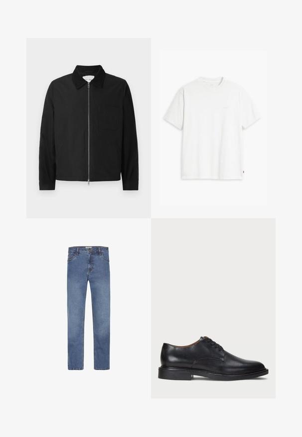 Černá pánská mikina na zip s dlouhým rukávem a límcem, jednou náprsní kapsou a dvěma bočními kapsami, vystavená na bílém pozadí.; Bílá bavlněná tričko s krátkými rukávy, klasickým výstřihem a decentním logem Levi's vytištěným uprostřed. Měkká textura a standardní střih.; Světlé modré džíny z denimu s rovnými nohavicemi, pěti kapsami a kontrastním prošíváním. Mají zapínání na knoflík a zip.; Černé kožené společenské boty s kulatou špičkou, šněrováním a nízkým podpatkem. Hladký povrch s minimálním šitím.