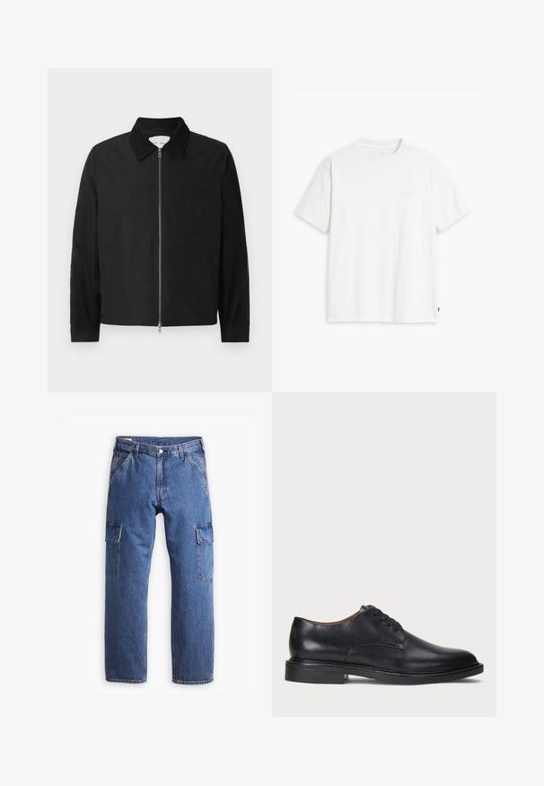 Jaqueta preta de mangas longas com fecho éclair e colarinho, um bolso no peito e dois bolsos laterais, apresentada sobre um fundo branco.; T-shirt de algodão branco com mangas curtas, decote redondo e logo discreto da Levi's impresso no centro. Tecido macio e ajuste padrão.; Calças cargo em denim azul com um design de perna reta, dois bolsos laterais e detalhes de costura visíveis. Um estilo geral casual e funcional.; Sapato de vestido em couro preto com bico redondo, design com atacadores e um salto baixo empilhado. Textura suave com detalhes de costura mínimos.