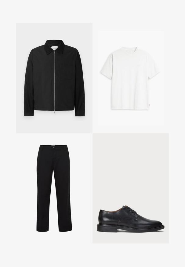 Czarna, długorękawowa kurtka zapinana na zamek z kołnierzem, jedną kieszenią na piersi i dwiema kieszeniami po bokach, prezentowana na białym tle.; Biała bawełniana koszulka z krótkim rękawem, okrągłym dekoltem i dyskretnym logo Levi's nadrukowanym na środku. Miękka tekstura i standardowy krój.; Czarne spodnie o prostym kroju nogawki, wykonane z gładkiej tkaniny, z zapięciem na guzik i szlufkami na pasek. Bez widocznych wzorów ani ozdób.; Czarne skórzane buty wizytowe z okrągłym noskiem, sznurowanym zapięciem i niskim, warstwowym obcasem. Gładka faktura z minimalnymi detalami stębnowania.