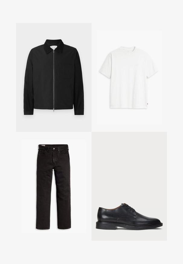 Mustat pitkähihaiset vetoketjulla varustetut takit, joissa on kaulus, yksi rintatasku ja kaksi sivutaskua, esillä valkoista taustaa vasten.; Valkoinen puuvillainen t-paita, jossa on lyhyet hihat, pyöreä pääntie ja etupuolella vaalealla värillä painettu hillitty "Levi's"-logo.; Mustat suorat farkut, joissa on viisi taskua, nappisulku ja vyölenkit, aseteltuna tasaisesti valkoista taustaa vasten.; Musta nahkakenkä, jossa on pyöreä varvas, nauhakiinnitys ja matala tukipohja. Tasainen pinta, jossa on minimaalinen ommeltu yksityiskohta.