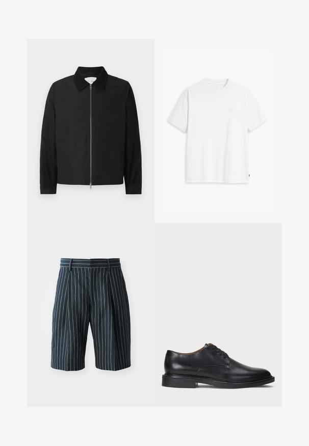 Must musta, pika varrukaga ja lukuga jakk, millel on krae, üks rinna tasku ja kaks küljetaskut, esitatud valgel taustal.; Valge puuvillane T-särk lühikeste varrukatega, ümmarguse kaelusega ja esiküljel heledas toonis peen "Levi's" logo.; Sinised triibulised lühikesed püksid sirge lõikega, millel on vöökoht ja voldid, valmistatud tekstuurist kangast. Ei ole nähtavaid taskuid ega vara.; Must musta kleitjalats ümarate varvastega, paeltega disain ja madal virnastatud konts. Sile tekstuur minimaalsete õmblustega.