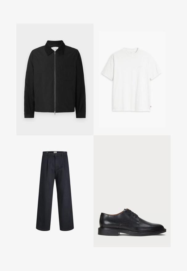 Chaqueta negra de manga larga con cremallera y collar, con un bolsillo en el pecho y dos bolsillos laterales, exhibida sobre un fondo blanco.; Camiseta de algodón blanca con mangas cortas, cuello redondo y un sutil logo "Levi's" impreso en color claro en la parte frontal.; Pantalones de pierna ancha azul oscuro, confeccionados en tejido texturizado, con cierre de botón y diseño de frente plisado. Textura suave, sin patrones visibles.; Zapato de vestir de cuero negro con punta redonda, diseño con cordones y un tacón bajo apilado. Textura lisa con detalles de costura mínimos.