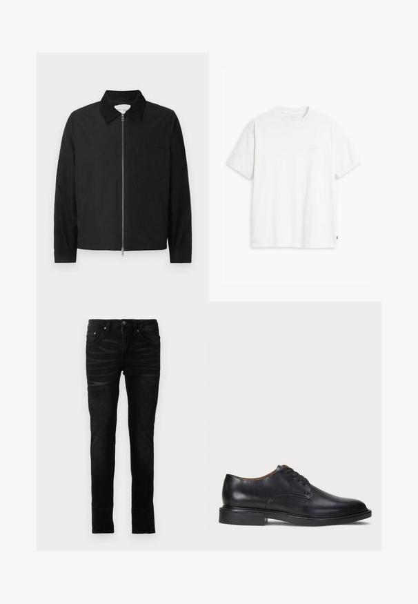 Czarna, długorękawowa kurtka zapinana na zamek z kołnierzem, jedną kieszenią na piersi i dwiema kieszeniami po bokach, prezentowana na białym tle.; Biała bawełniana koszulka z krótkim rękawem, okrągłym dekoltem i dyskretnym logo Levi's nadrukowanym na środku. Miękka tekstura i standardowy krój.; Czarne spodnie skinny z gładkim denimu, tradycyjnym pięciopocketowym wzorem, zamek błyskawiczny oraz subtelnymi wyblakłymi detalami na materiale.; Czarne skórzane buty wizytowe z okrągłym noskiem, sznurowanym zapięciem i niskim, warstwowym obcasem. Gładka faktura z minimalnymi detalami stębnowania.