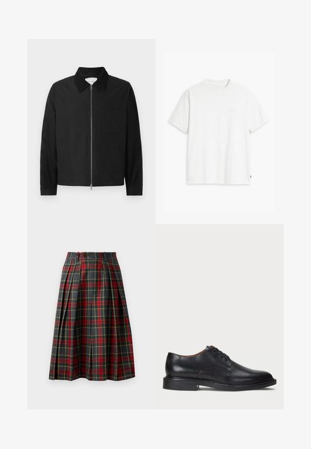 Fekete, hosszú ujjú, zipzáras dzseki gallérral, egy mellzsebbel és két oldalsó zsebbel, fehér háttéren bemutatva.; Fehér pamut póló rövid ujjakkal, kerek nyakkal és diszkrét Levi's logóval a középen. Puha tapintású és szabványos szabású.; Tartan szoknya, plisszírozással, túlnyomórészt piros és fekete mintázattal, sárga és zöld díszítéssel, magas derékkal és gombos záródással.; Fekete bőrből készült dresszcipő kerek orral, fűzős kialakítással és alacsony, rétegelt sarkával. Simás felület minimális varrási részletekkel.