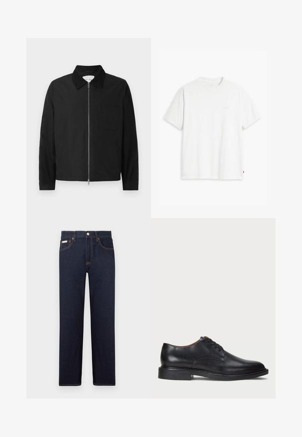 Črna dolga zip-up jakna s ovratnikom, enim žepom na prsih in dvema stranskima žepoma, prikazana na beli podlagi.; Bela bombažna majica s kratkimi rokavi, okrolim izrezom in subtilnim logotipom "Levi's" v svetli barvi na sprednji strani.; Temno modri denim kavbojke s ravnim krojem, klasično zasnovo s petimi žepi in kontrastnim oranžnim šivanjem. Imajo kovinski gumb za zapiranje.; Črne usnjene oblečne čevlje s krožno konico, zavezovanje z vezalkami in nizko plastiko. Gladka tekstura z minimalnimi šivi.