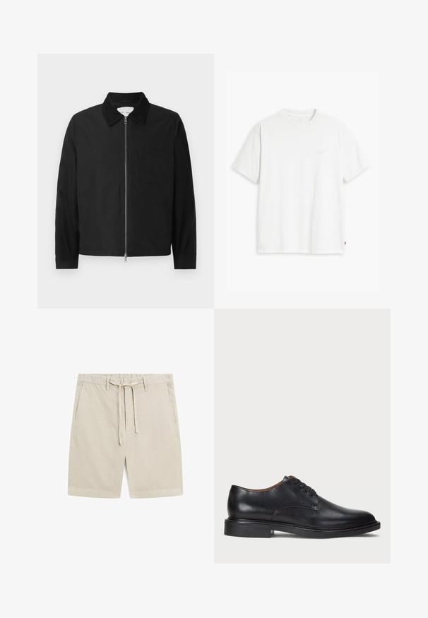 Zwarte lange mouwen ritsjack met kraag, een borstzak en twee zijzakken, weergegeven op een witte achtergrond.; Wit katoenen T-shirt met korte mouwen, ronde hals en een subtiel "Levi's" logo in een lichte kleur op de voorkant gedrukt.; Beige shorts van lichtgewicht stof. Voorzien van een elastische tailleband met een trekkoord, twee voorzakken en een recht gesneden ontwerp.; Zwart leren dresschoen met een ronde neus, vetersluiting en een lage gestapelde hak. Gladde textuur met minimale stiksels.