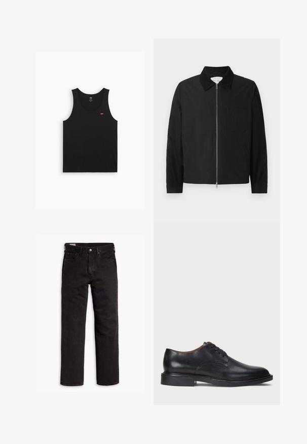 Fekete, hosszú ujjú, zipzáras dzseki gallérral, egy mellzsebbel és két oldalsó zsebbel, fehér háttéren bemutatva.; Fekete pamut tank top, kör alakú nyakkivágással és széles pántokkal. A bal mell részen egy kis piros logó található. Simább textúrájú.; Fekete egyenes szárú farmernadrág öt zsebbel, gombos záródással és övhurkokkal, fehér háttéren elhelyezve.; Fekete bőrből készült dresszcipő kerek orral, fűzős kialakítással és alacsony, rétegelt sarkával. Simás felület minimális varrási részletekkel.